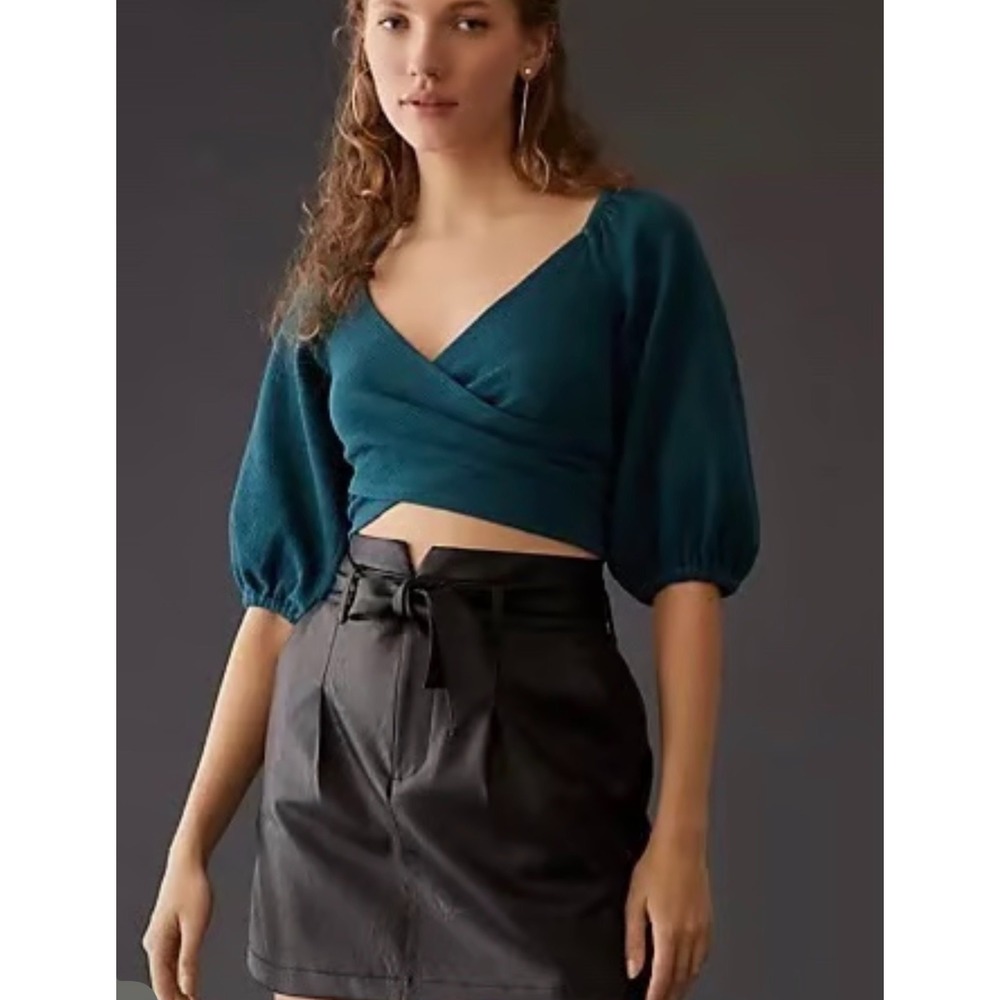 Anthropologie Maeve Teal Wrap Crop Top with Puff Sleeves